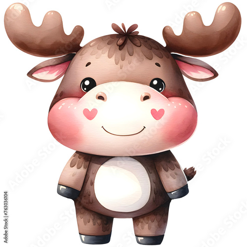 Baby Moose animal smiling happily watercolor clipart. Nursery animals theme..