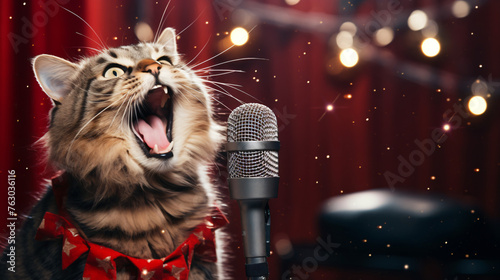 Funny cat singing into the microphone vocal performanc