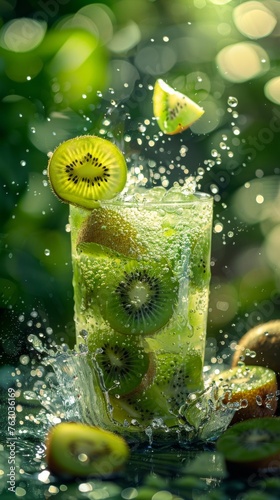 Close-up of a fresh kiwi cocktail creating dynamic splashes, with the fruit vividly captured against a bokeh background.