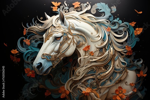 Horse adorned with ornate golden bridle is depicted in a stylized digital illustration, surrounded by autumn leaves and whimsical waves, invoking a sense of nobility and the changing seasons © Paworn