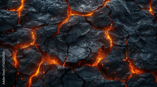 Isolated on a black background, realistic 3D modern set of lava in ground cracks, volcano magma glow texture in cracking holes, ruined land surface after earthquake disaster.