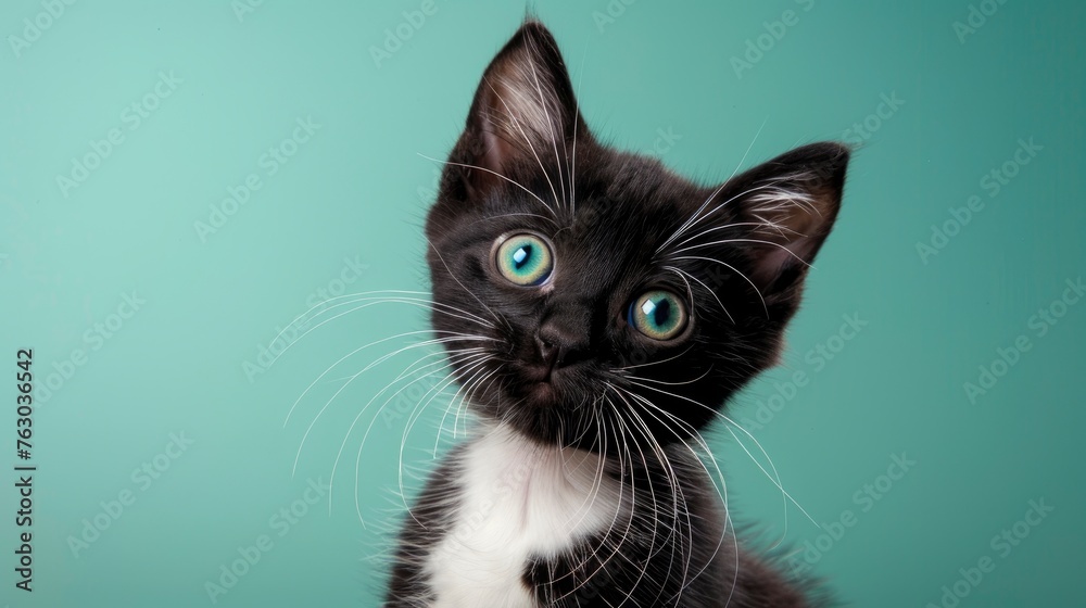 Black White Kitten On Mint Background, Banner Image For Website, Background, Desktop Wallpaper