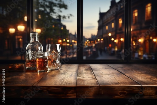stylist and royal Wooden table with a view of blurred beverages bar backdrop, space for text, photographic