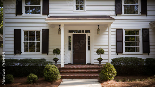 Brown Wood Front Door of a White Siding Southern Ho