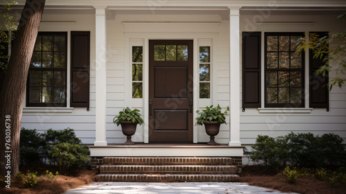 Brown Wood Front Door of a White Siding Southern Ho