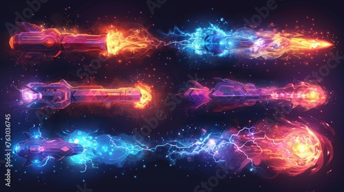 Modern cartoon set of alien weapons attack effect with plasma rays, lightning, fireball and flash. Modern cartoon set of alien weapons attack effect. photo