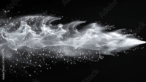 Modern illustration of water spray effect, realistic cosmetic mist and transparent atomizer splash. White fragrance aerosol texture and abstract cosmetic mist isolated on black background.