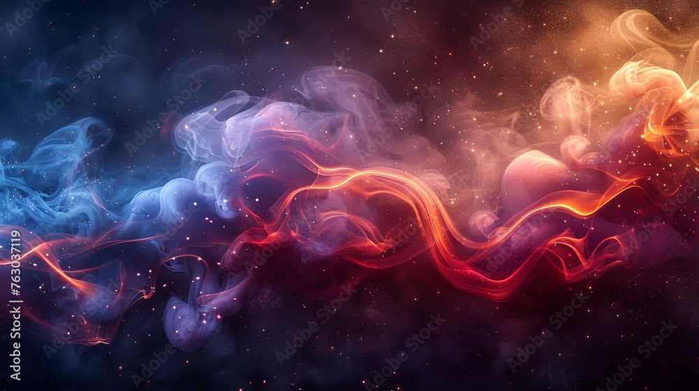 Modern realistic illustration of smoke, dust, or fog clouds on a transparent background. Abstract banner template with smog effect, red and blue steam particles.