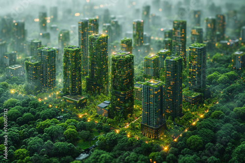 Sprawling green community with Digital smart city infrastructure and rapid data network. Digital city, smart society, smart homes, digital community. 