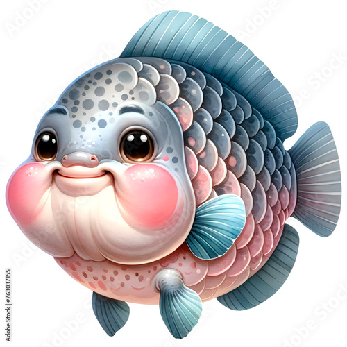 Tilapia Fish Sea animal smiling happily watercolor clipart. Nursery animals theme.