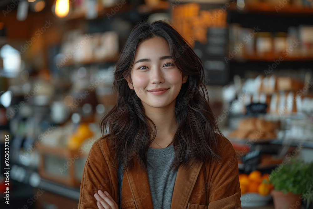 Successful startup, small business owner, SME BeautyGirl, vlogger, coffee shop online marketing camera, Asian woman portrait, coffee shop owner, barista