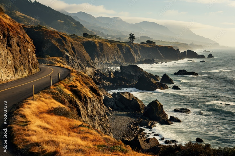 stylist and royal Travel Road on Rugged Oregon Coast landscape with rock formation,