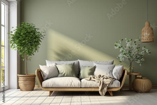 stylist and royal Traditional living room interior mockup with grey sofa and green pillows by olive tree photo