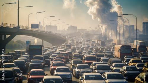 Gridlocked traffic emits exhaust fumes causing photo