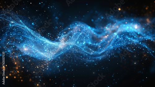 A black background with blue glowing light glitter effects. An explosion of star dust sparks light effect. Modern illustration.