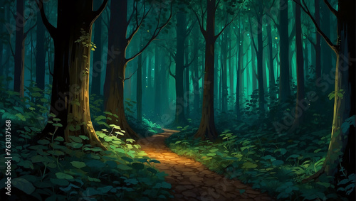 A moonlit path through a dark forest.