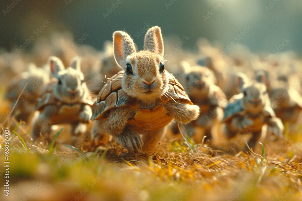 Obraz premium Brown bunny hops through lush green fields, surrounded by nature's beauty, embodying the essence of springtime
