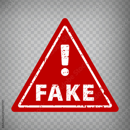 Red triangle with white exclamation mark and word Fake on transparent background.  Grunge rubber triangle warning.  Vector illustration EPS10. 