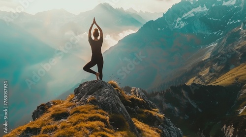 person practicing yoga on a serene mountaintop