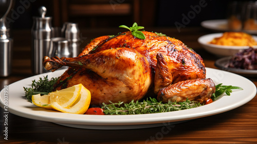Grilled whole chicken serving on white plate on table