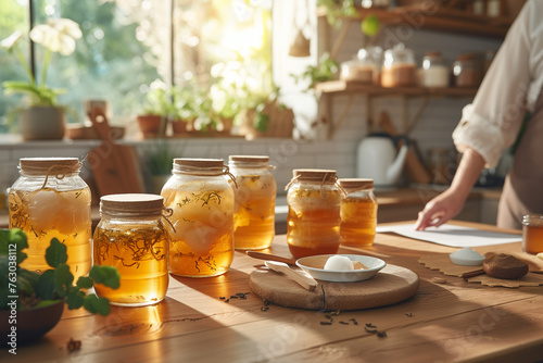 A row of jars of homemade healthy fermented beverage kombucha, tea mushroom, stands on the wooden table of the home kitchen next to the recipe and ingredients.