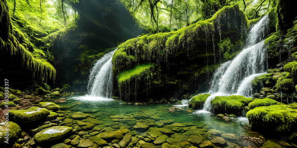 Enchanted Waterfall. A waterfall cascades down moss-covered rocks, revealing a secret grotto behind its veil. Enchanted Waterfall. A waterfall cascades down moss-covered rocks, revealing a secret grotto behind its veil.