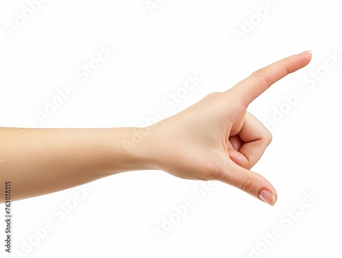 Close-up of a female hand gesture pointing to the left on a white background.