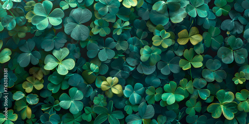 Fototapeta Gleaming Greenery Leaves Extravaganza Background, Luck of the Irish Exquisite 3D Textured Clovers,