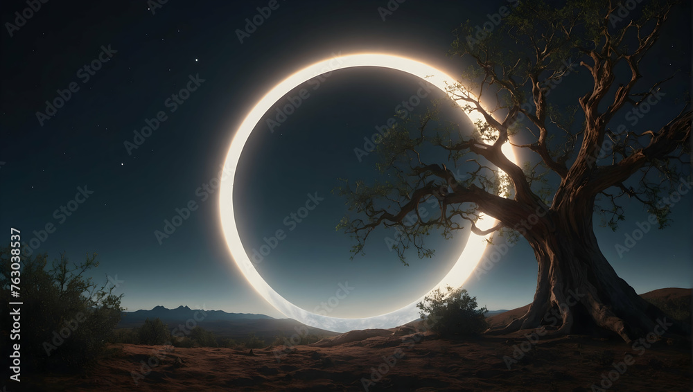 Photoreal 3D Product Presentation theme as Eclipse Enigma Concept As A surreal landscape featuring an eclipse, with the corona effect creating a halo over an ancient tree., Full depth of field, clean  - obrazy, fototapety, plakaty 