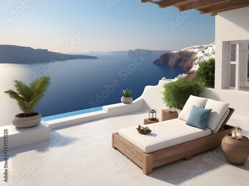Summer Villa Interior with Pool and Sea View santorini island style 3d rendering