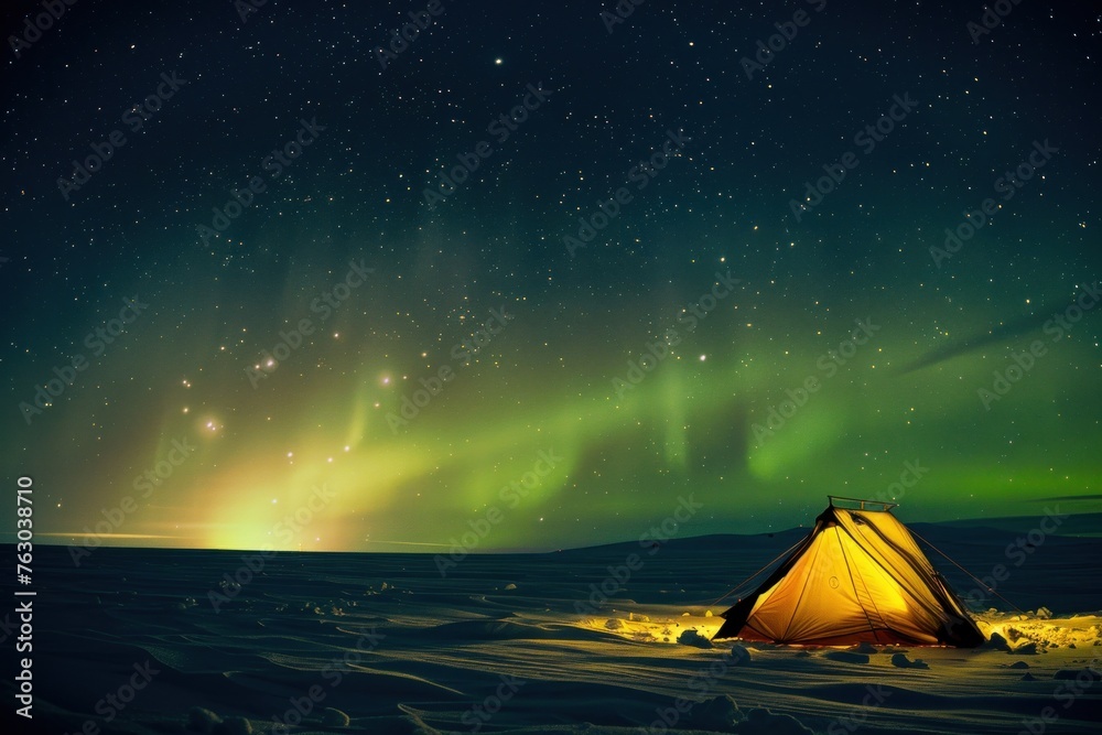 polar camping tent on the snow with aurora