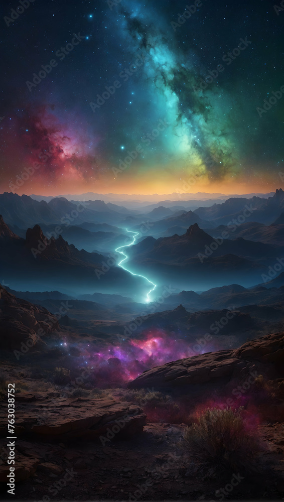 Photoreal 3D Product Presentation theme as Nebula Nook Concept As A hidden valley where the night sky reveals a vivid nebula, casting an otherworldly glow on the surroundings., Full depth of field, cl