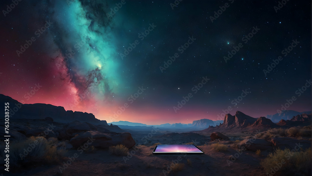 Photoreal 3D Product Presentation theme as Nebula Nook Concept As A hidden valley where the night sky reveals a vivid nebula, casting an otherworldly glow on the surroundings., Full depth of field, cl