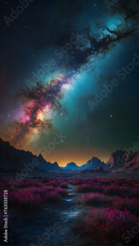 Photoreal 3D Product Presentation theme as Nebula Nook Concept As A hidden valley where the night sky reveals a vivid nebula  casting an otherworldly glow on the surroundings.  Full depth of field  cl