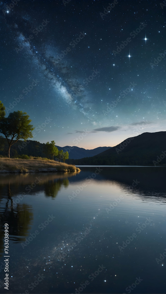 Photoreal 3D Product Presentation theme as Starry Ambition Concept As A serene lakeside landscape under a star-filled sky with a lone figure gazing up, reflecting on future aspirations., Full depth of Photoreal 3D Product Presentation theme as Starry Ambition Concept As A serene lakeside landscape under a star-filled sky with a lone figure gazing up, reflecting on future aspirations., Full depth of