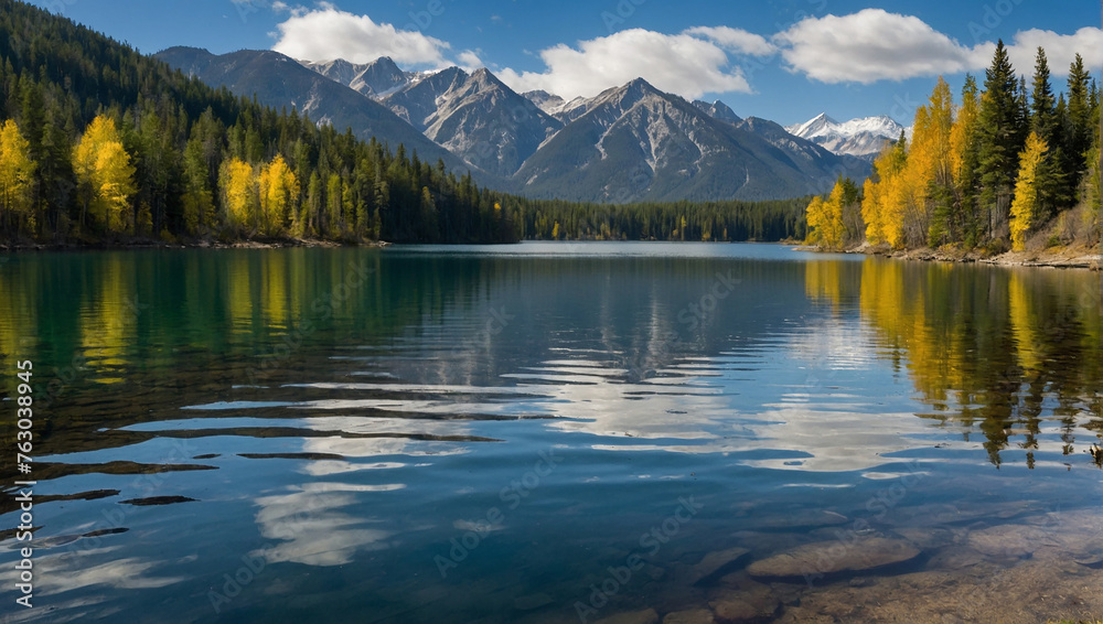A mountain lake in the fall with yellow and green trees and snow-capped mountains in the distance.