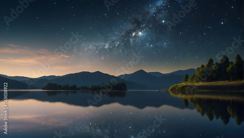 Photoreal 3D Product Presentation theme as Starry Ambition Concept As A serene lakeside landscape under a star-filled sky with a lone figure gazing up, reflecting on future aspirations., Full depth of
