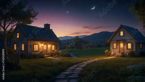 Photoreal 3D Product Presentation theme as Twilight Tranquility Concept As A peaceful village with warm lights twinkling in cottages, contrasted against a cool, starry night backdrop., Full depth of f