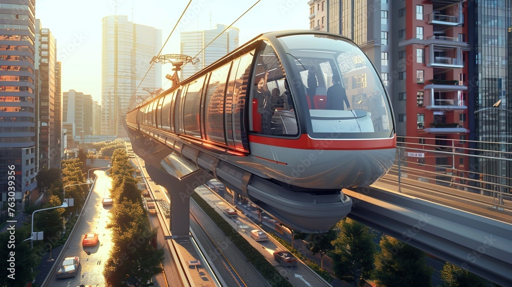 A high-speed train racing along elevated tracks against a backdrop of urban skyscrapers