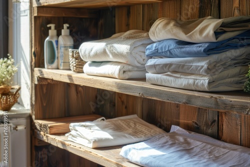 Clean clothes folded on a wooden shelf in a rooms on a wooden shelf in bedroom. Front view. Horizontal composition.