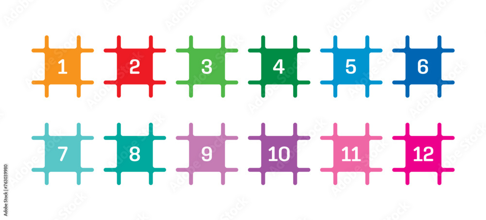 1-12 step numbers on white background. Step numbers 1-12 for technology, industry, education and business. Step numbers 1-12 in colored squares 1-12 step numbers on white background. Step numbers 1-12 for technology, industry, education and business. Step numbers 1-12 in colored squares