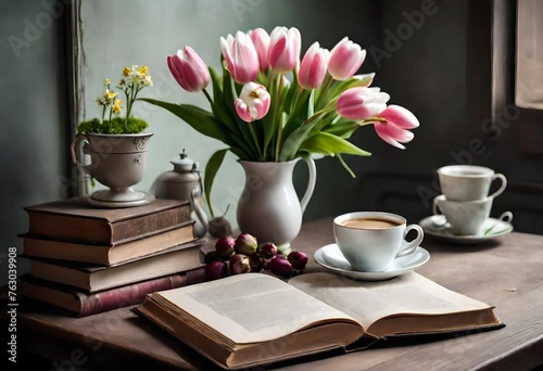 still life with tulips and book, a cup of coffee with vase of tullips on table