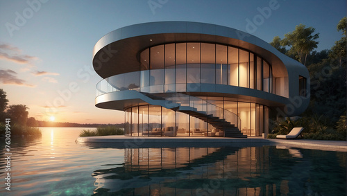 A modern house with a curved glass front and a pool. 