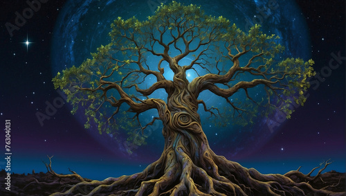 A large tree with a gnarled trunk and branches reaching out to the sky. There are two moons in the background.

