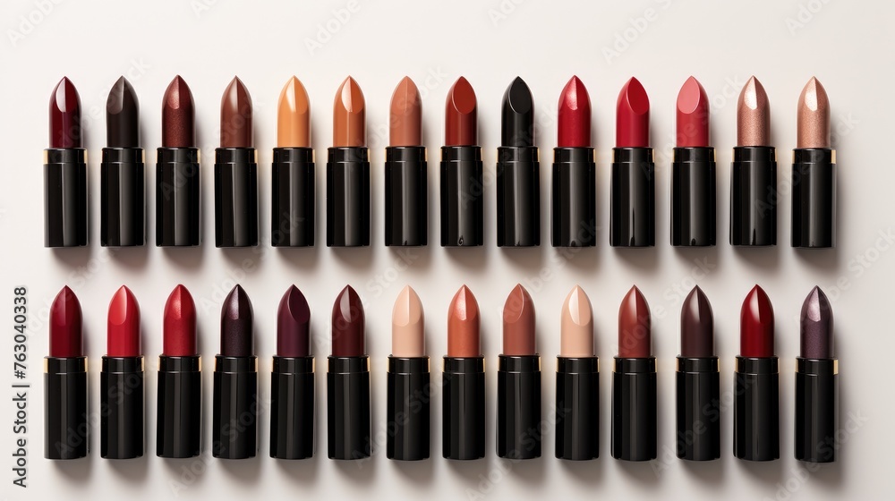 Naklejka premium Multicolored lipsticks stand in a row on a light background. The concept of beauty, makeup, femininity, advertising.