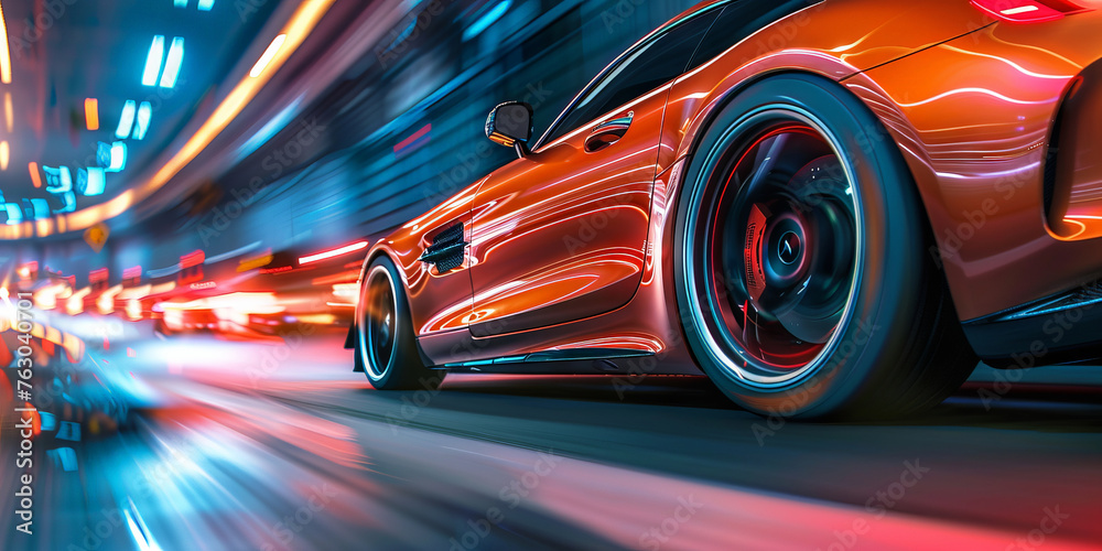 A car is speeding down a road with a bright orange color. Generative AI