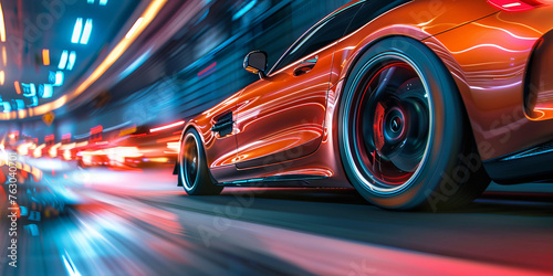 A car is speeding down a road with a bright orange color. Generative AI © Natee Meepian