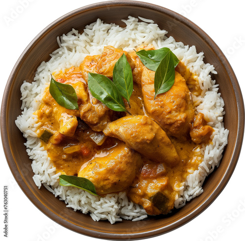 Chicken curry with rice traditional indian food isolated.