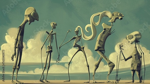 Abstract illustration of distorted human figures with elongated limbs, mutation, two heads, deformed body, humanoid entities, aliens, extraterrestrials. Generative by AI