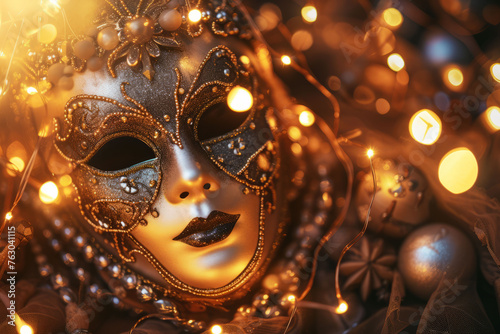 A detailed carnival mask with intricate metallic elements, encircled by shimmering bead strands and lit up by the warm glow of party lights.